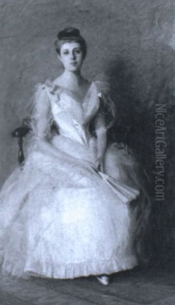 Portrait Of A Lady In White Holding A Fan Oil Painting by Frank Fowler