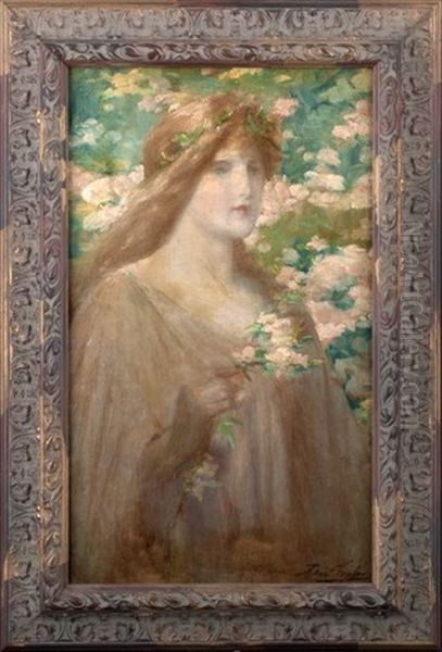 Portrait Of A Maiden With A Garland Of Flowers Oil Painting by Robert Fowler