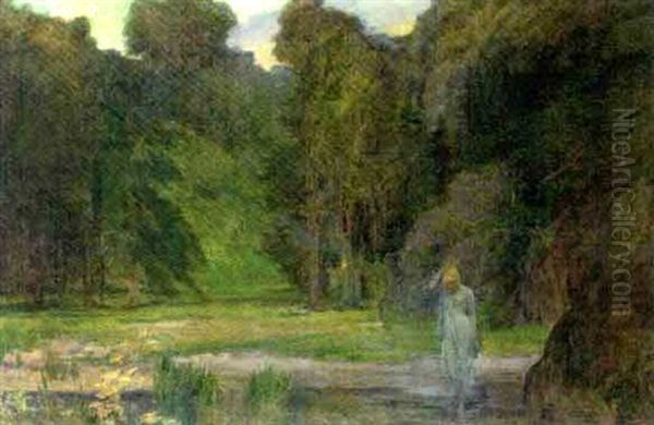 A Nymph In A Woodland Clearing, Dusk Oil Painting by Robert Fowler