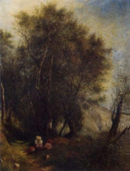 Figures Resting On A Wooded Track Oil Painting by Robert Fowler