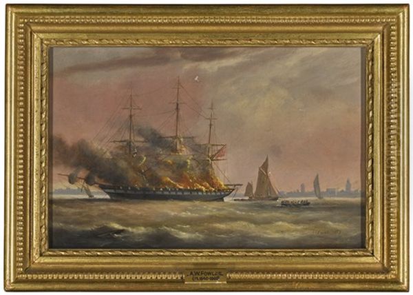 The 'eastern Monarch' Ablaze In Spithead, 3rd June 1859 Oil Painting by Arthur Wellington Fowles