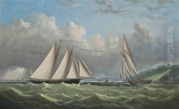 Racing Schooners Rounding The Turning Mark In Osborne Bay With Norris Castle Above And Ryde Beyond: The Prince Of Wales's Hildegarde Rounding The Mark In Second Place Oil Painting by Arthur Wellington Fowles