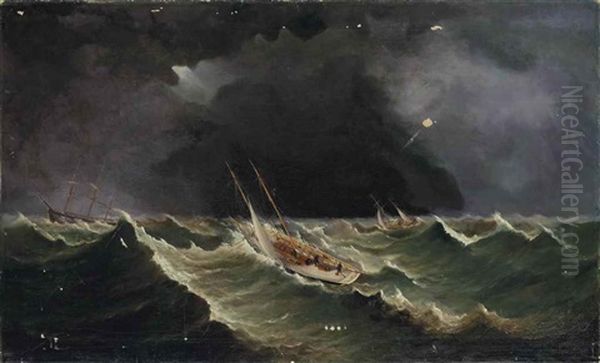 The Royal Victoria Yacht Club's Schooner Caroline, Hove To, In A Gale Off Ryde, 20 May 1863 Oil Painting by Arthur Wellington Fowles