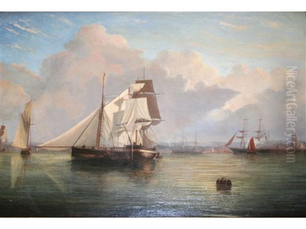 Fishing Boats And Other Vessels In Calm Waters Off A Harbour Oil Painting by Arthur Wellington Fowles