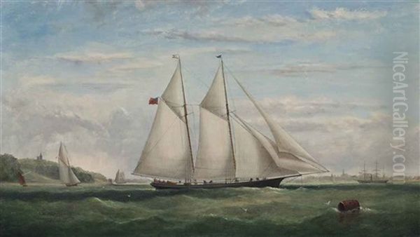 A Schooner Yacht Of The New York Yacht Club Racing Off Ryde, Isle Of Wight Oil Painting by Arthur Wellington Fowles