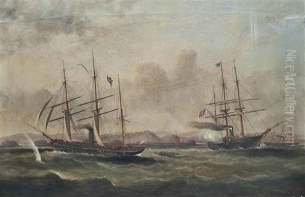 The Celebrated Engagement Between The Confederate Raider C.s.s. Alabama And U.s.s. Kearsage, 19th June 1864 Oil Painting by Arthur Wellington Fowles