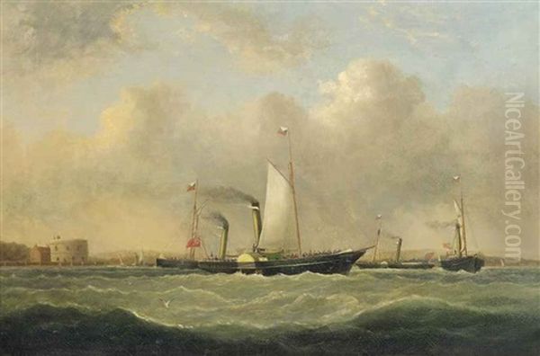 Southampton-cowes Ferries Off Calshot Castle Oil Painting by Arthur Wellington Fowles