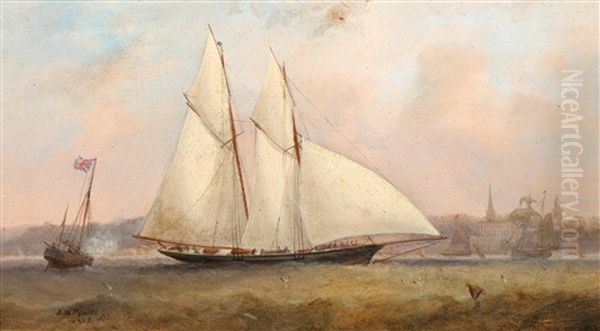 A Two-masted Racing Schooner At The Starting Gun Off Ryde; A Racing Ketch And Other Yachts Off Norris Castle, East Cowles, Isle Of Wight (2 Works) Oil Painting by Arthur Wellington Fowles