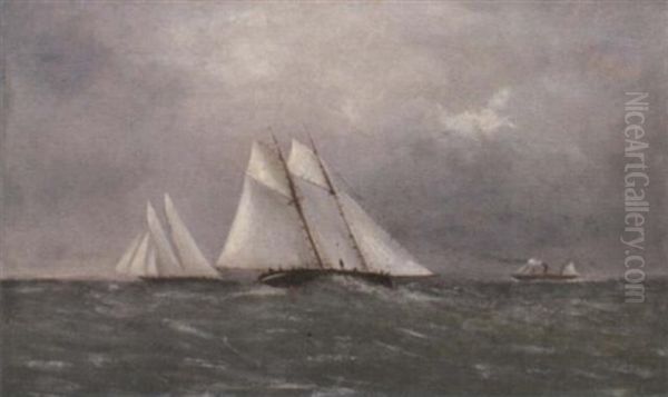 Racing Schooners In Hot Pursuit In The Channel Oil Painting by Arthur Wellington Fowles