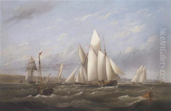 Vying For The Start, A Melee Of Big Cutters In Osborne Bay, With The Royal Yacht 