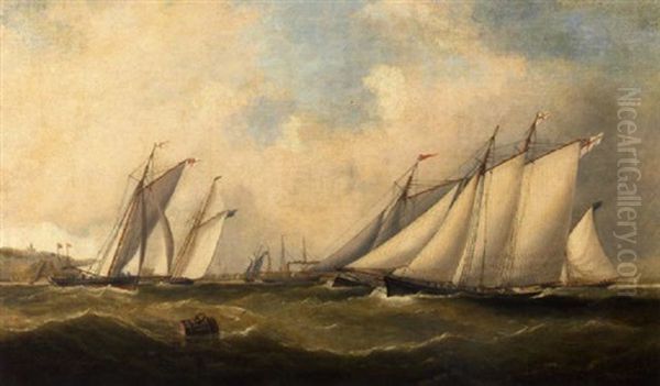 Yachts Racing For The Mark At Cowes Regatta With A Two-masted Schooner Just Ahead Of The Pack Oil Painting by Arthur Wellington Fowles