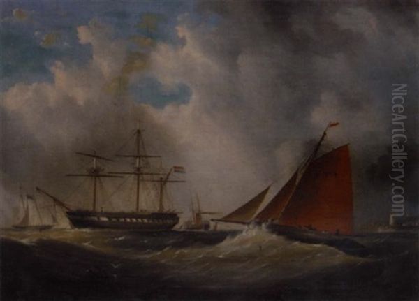 A Cutter And Man O' War In A Harbour Entrance by Arthur Wellington Fowles