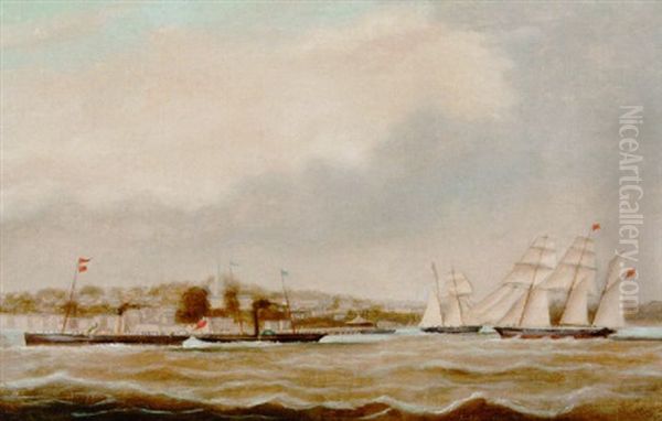 Paddlesteamers And Other Sailing Vessels Off Ryde Pier Oil Painting by Arthur Wellington Fowles