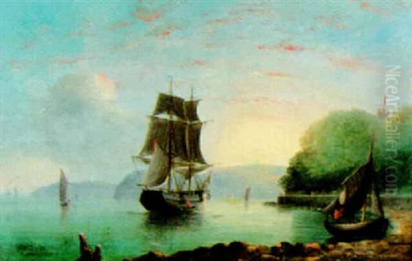 Ships Off The Coast At Dusk Oil Painting by Arthur Wellington Fowles