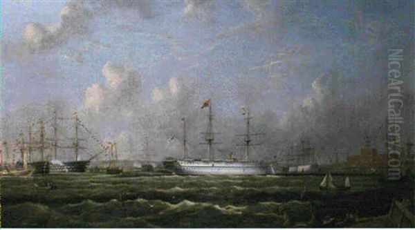 The Indian Troopship Serapis Arriving At Portsmouth 11 May  1876, H.r.h. The Prince Of Wales Aboard Her On His Return... Oil Painting by Arthur Wellington Fowles