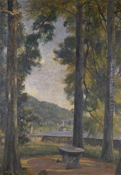 Italianate Lake Scene With Tall Pines Oil Painting by Charles James Fox