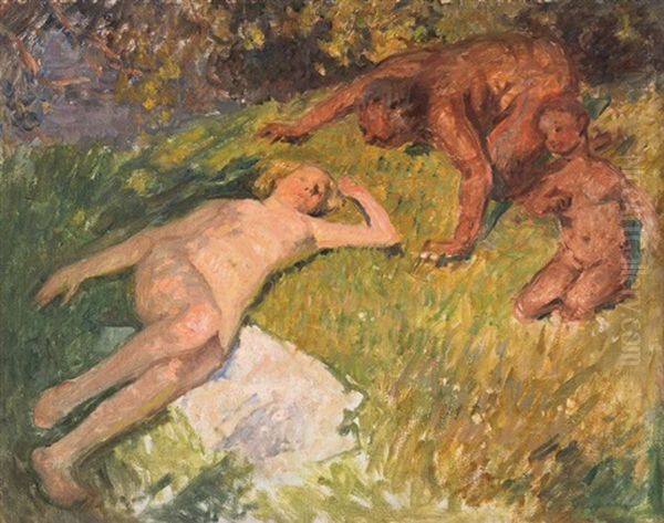 Nude And Satyr (juniper And Antiope) Oil Painting by Emanuel Phillips Fox