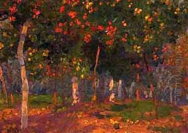 Autumn - Orchard (+ Landscape Sketch, Verso) Oil Painting by Emanuel Phillips Fox