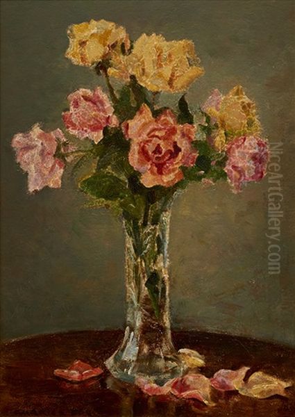 Still Life With Roses In Vase Oil Painting by Ethel Carrick Fox