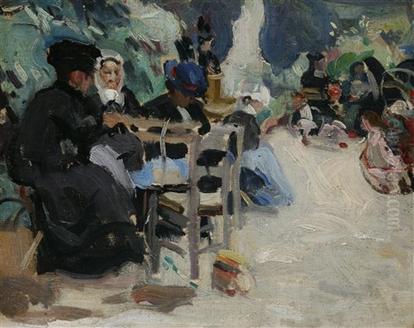 Ladies Seated In The Luxembourg Gardens Oil Painting by Ethel Carrick Fox