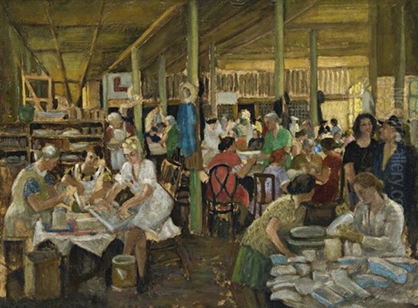 Papier Mache, Red Cross Auxiliary In Sydney Oil Painting by Ethel Carrick Fox