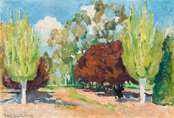 Poplars And Prunus, Canberra Oil Painting by Ethel Carrick Fox