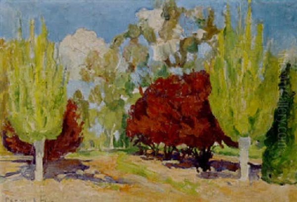 Poplar And Prunus, Canberra Oil Painting by Ethel Carrick Fox