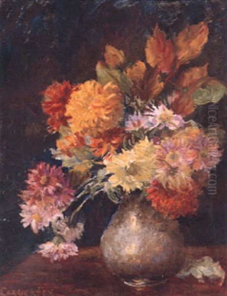 Chrysanthemums And Autumn Leaves Oil Painting by Ethel Carrick Fox