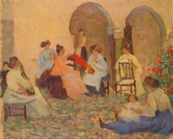 Women In A Courtyard Oil Painting by Ethel Carrick Fox