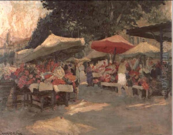 A Busy Market On A Summer Day Oil Painting by Ethel Carrick Fox