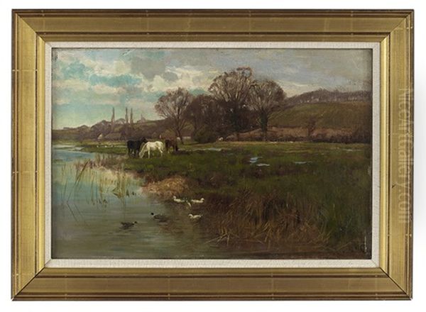 Horses Grazing By The River Oil Painting by Henry Charles Fox