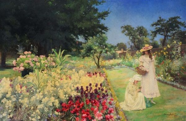 Two Young Girls In A Walled Flower Garden Oil Painting by John Shirley Fox