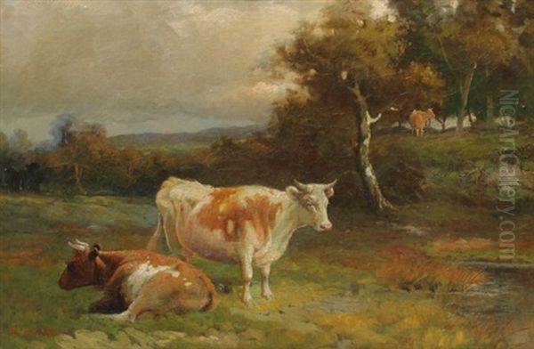 Cows Grazing In A Landscape Oil Painting by Robert Atkinson Fox