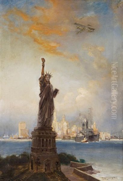 New York Harbor Oil Painting by Robert Atkinson Fox