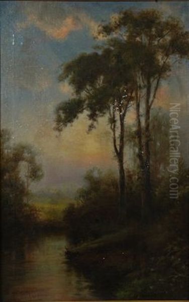 A Verdant Riverscape Oil Painting by Robert Atkinson Fox