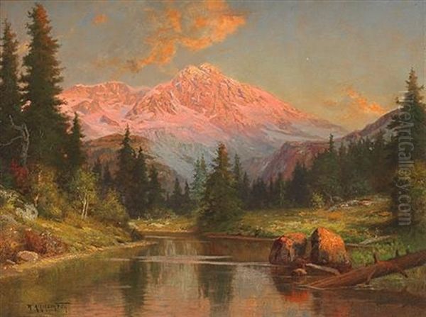 Alpine River Scene At Sunset Oil Painting by Robert Atkinson Fox