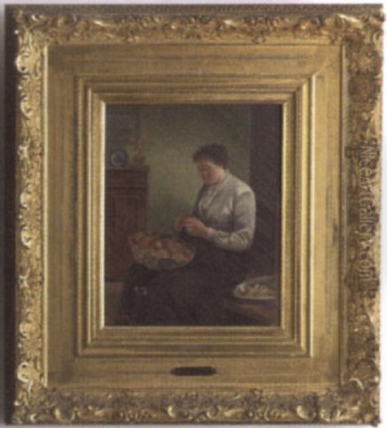 Interior Scene Of A Woman Peeling Apples Oil Painting by Robert Atkinson Fox