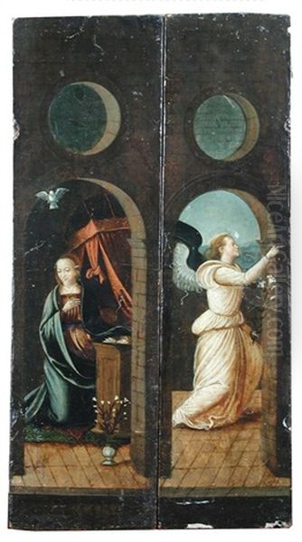 A Skull Placed On Top Of A Chest Over An Inscription (recto); Annunciate Angel On One Side And The Kneeling Virgin Within The Other... (opened Panels) Oil Painting by  Fra Bartolommeo