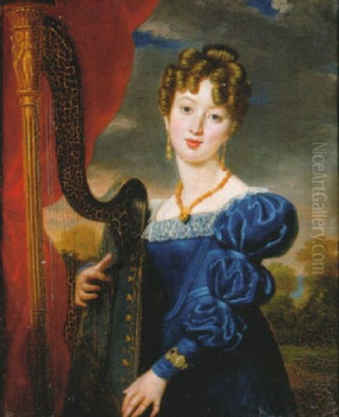 Portrait Of A Lady, In A Blue Dress Playing The Harp, A Landscape Beyond Oil Painting by Henri Fradelle