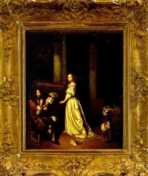 Interior Scene Depicting A Shakespearean Man Reciting Poetry To A Lady Oil Painting by Henri Jean-Baptiste Victoire Fradelle