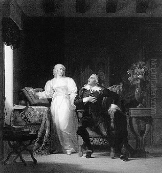 Interior Scene Of A Shakespearian Man Reciting Poetry To A Lady Oil Painting by Henri Jean-Baptiste Victoire Fradelle