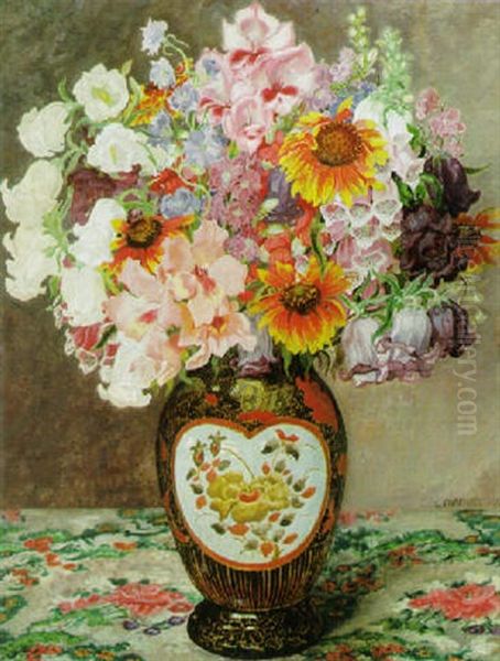 Prachtvoller Sommerblumenstraus In Japanischer Vase Auf Besticken Tuch Oil Painting by Louise Fraenkel-Hahn