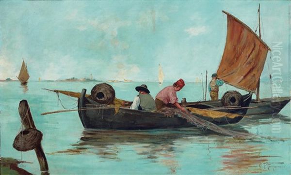 Fishermen In The Lagoon Oil Painting by Pietro Fragiacomo