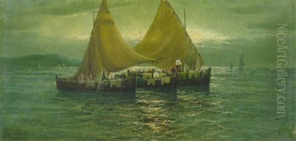 Fischerboote Bei Abendstimmung Vor Der Kuste Oil Painting by Pietro Fragiacomo