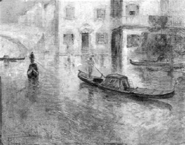 Gondolas On The Canal Oil Painting by Pietro Fragiacomo