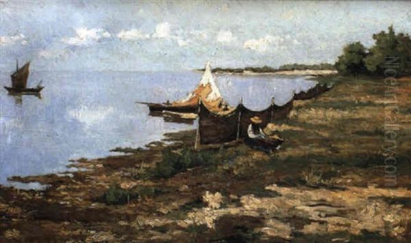 Laguna Veneta Con Imbarcazioni E Figure Oil Painting by Pietro Fragiacomo