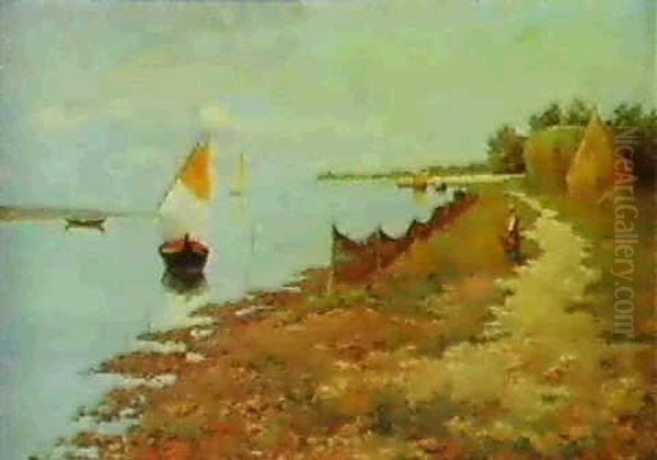 Boats On The Venetian Lagoon Oil Painting by Pietro Fragiacomo