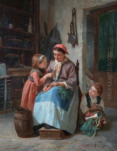 Mother's Little Helpers Oil Painting by Joseph-Athanase Aufray