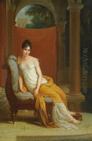 Portrait Of Madame Recamier (1777-1849), Seated In A Classical Interior Oil Painting by Alexandre-Evariste Fragonard