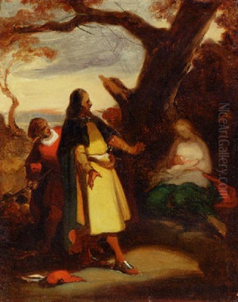 An Elegant Traveller Discovering A Woman And Child In A Landscape Oil Painting by Alexandre-Evariste Fragonard